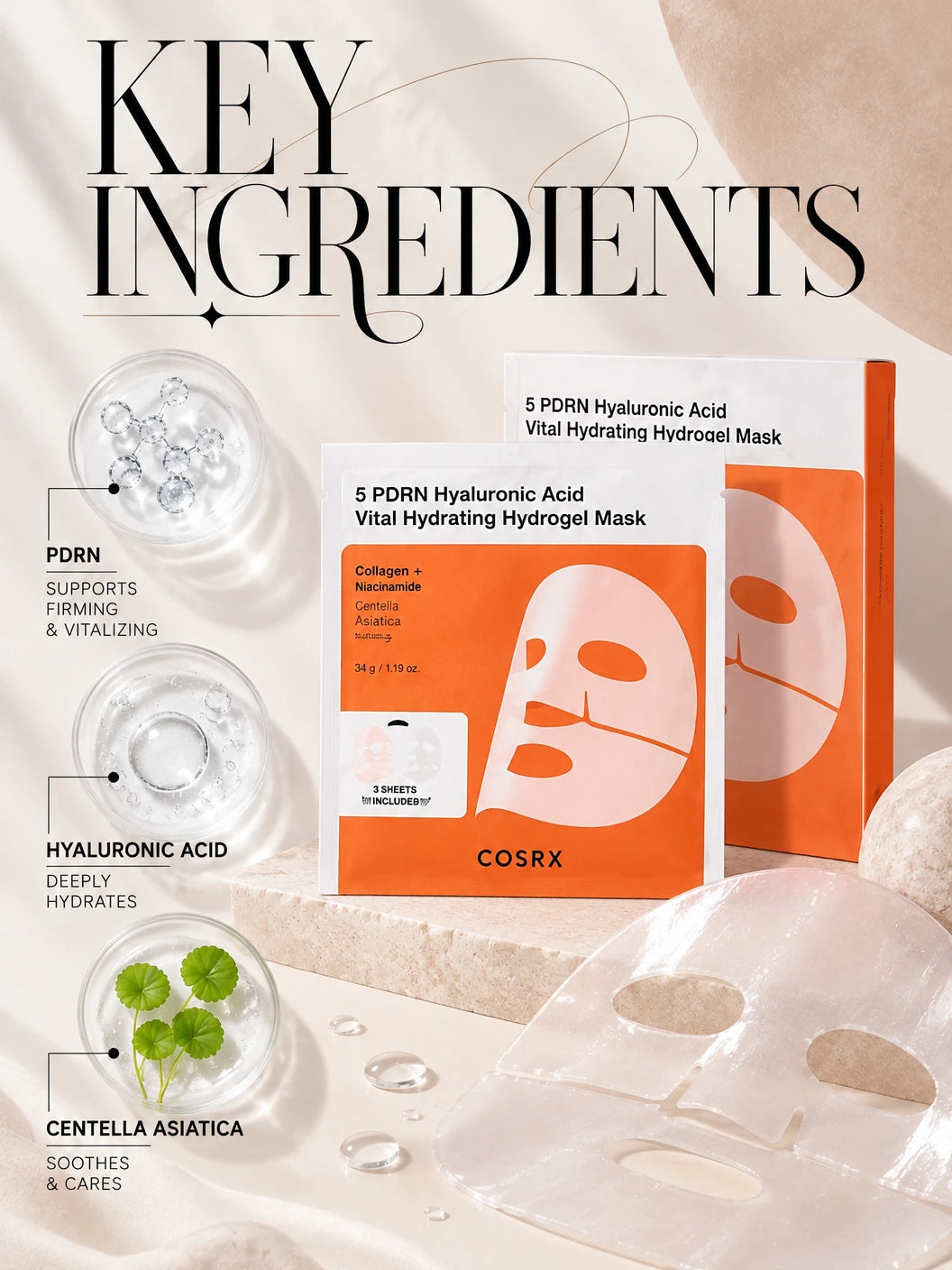 5 PDRN Hyaluronic Acid Vital Hydrating Hydrogel Mask 3ea | COSRX | COSRX 5 PDRN Hydrogel Mask 3 Pack | Firming Care