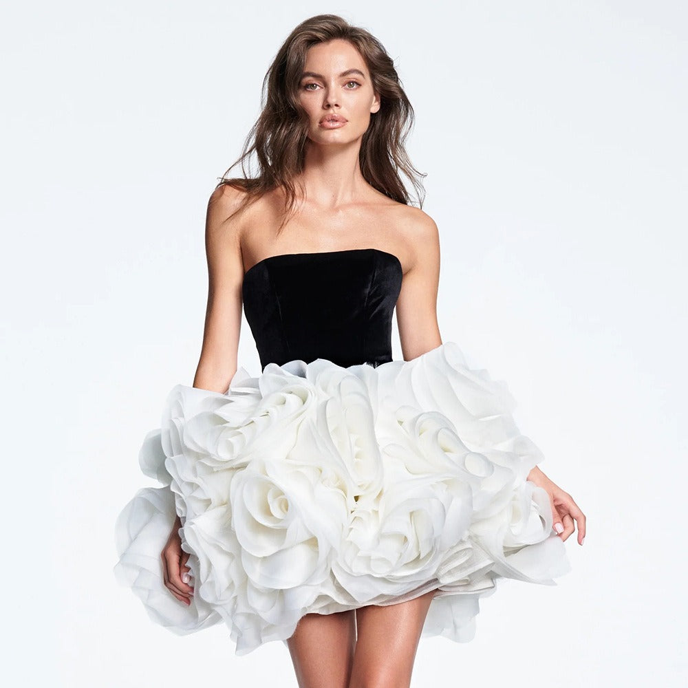 Chic Black and White 3D Floral Midi Dress for Elegant Affairs | ULZZANG BELLA