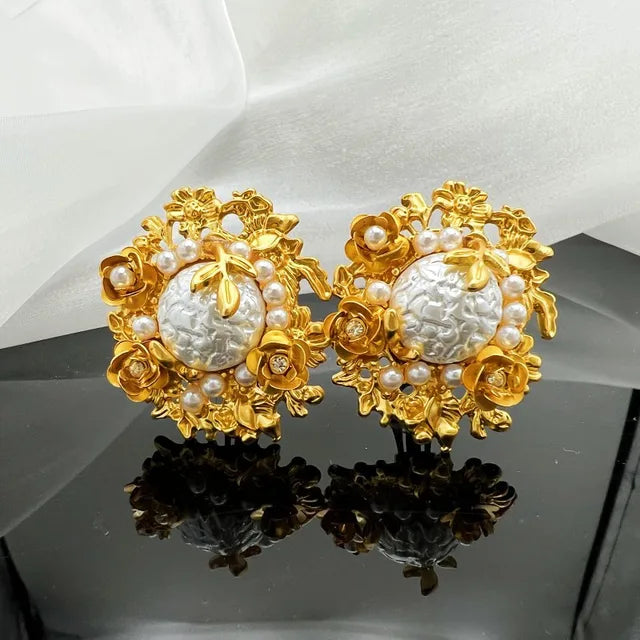 French Vintage Gold Plated Flower Pearl Stud Earrings | ULZZANG BELLA