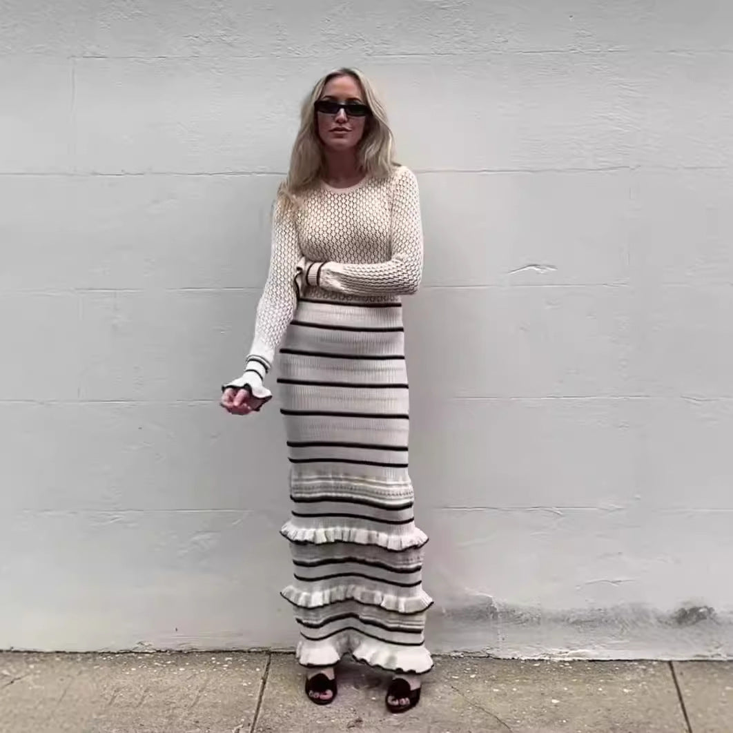 Elegant Slim Fit Knitted Dress with Striped Splicing | ULZZANG BELLA
