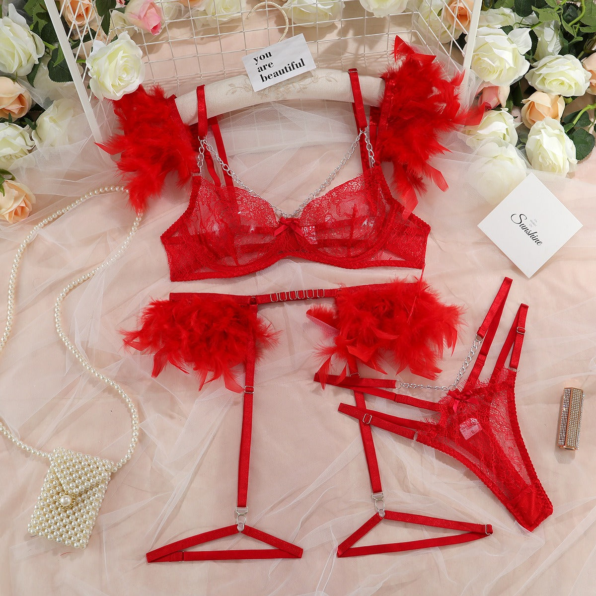 Feathered Temptation: Lace Splice Chain Sexy Slim 4-Piece Lingerie Set | ULZZANG BELLA