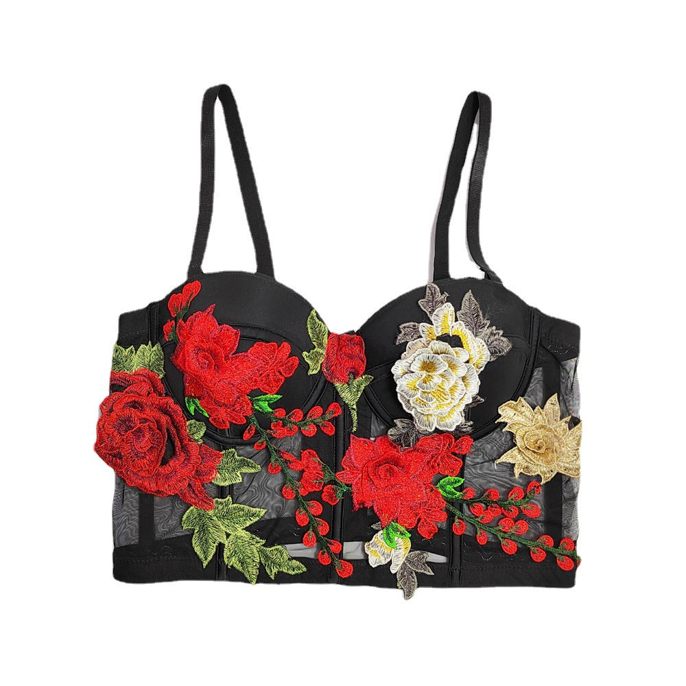 Elevate Your Elegance with Mesh Embroidery Floral Suspender Top | ULZZANG BELLA
