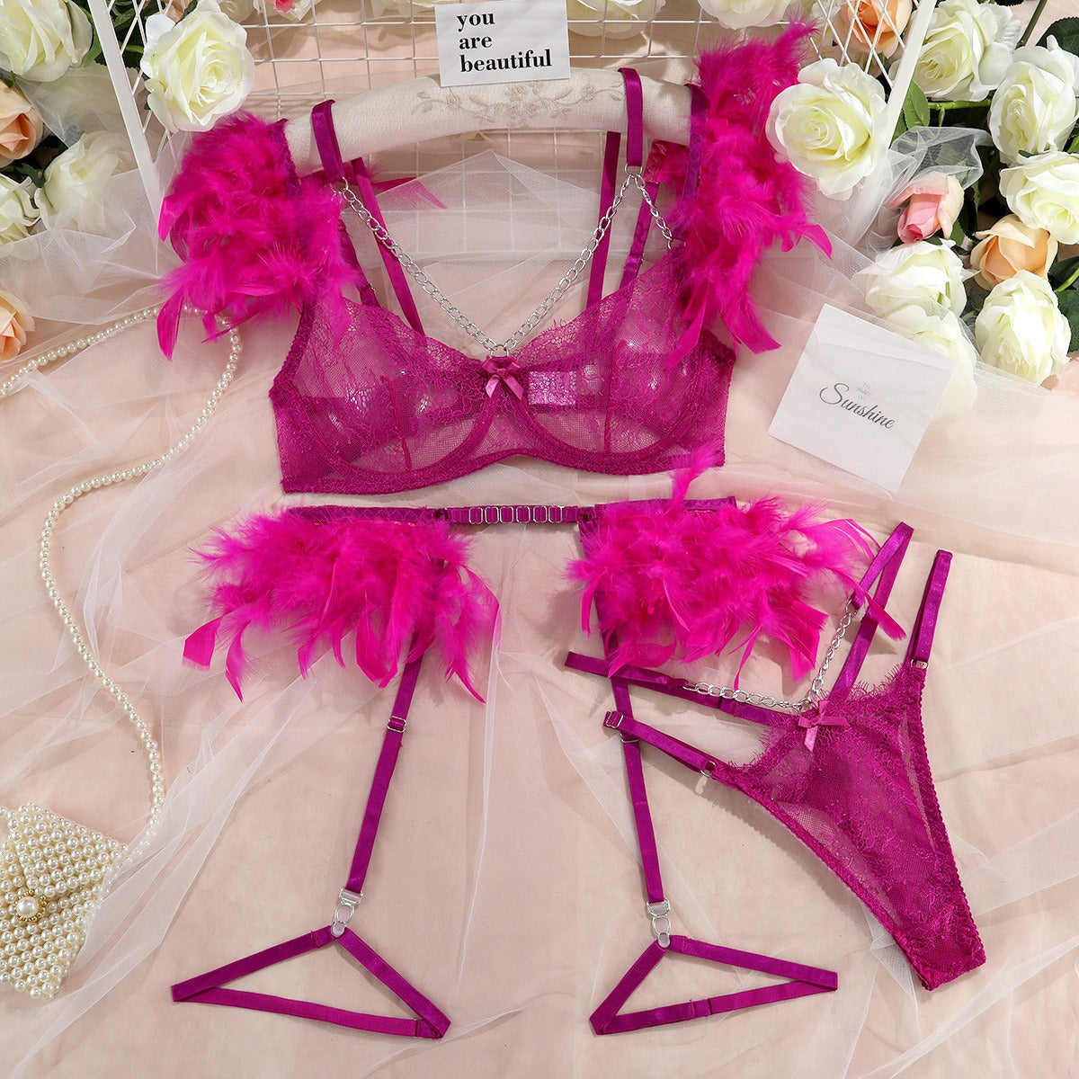 Feathered Temptation: Lace Splice Chain Sexy Slim 4-Piece Lingerie Set | ULZZANG BELLA