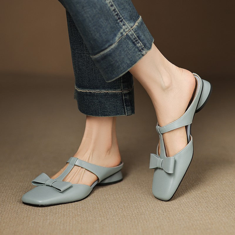 French T-Strap Bowknot Open-Toe Half Slippers | ULZZANG BELLA