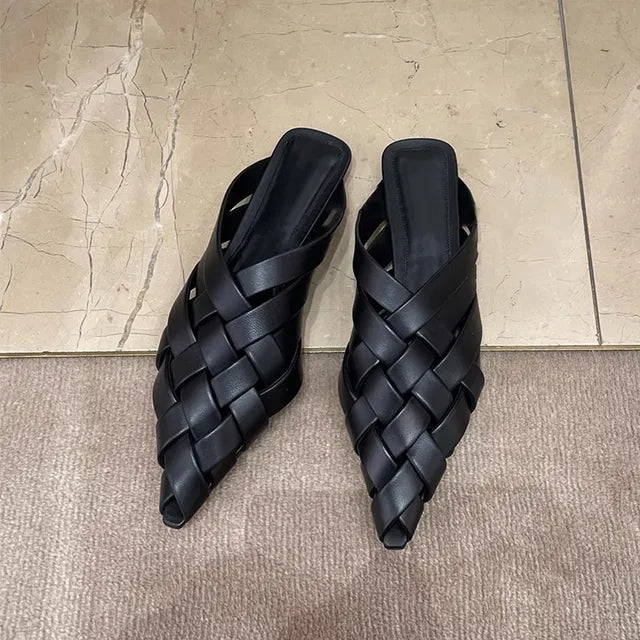 Chic Black Pointed Toe Microfiber Leather Mules | ULZZANG BELLA