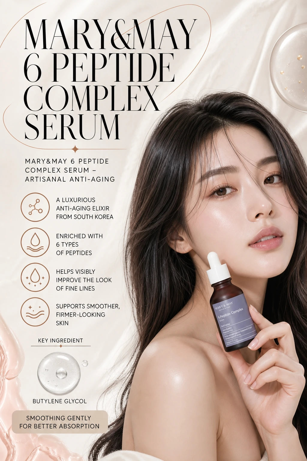 6 Peptide Complex Serum 30ml | Mary&May | Mary&May 6 Peptide Complex Serum – Artisanal Anti-Aging Elixir