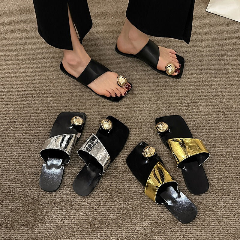 Elegant Cowhide Toe Square Flip Flops | ULZZANG BELLA