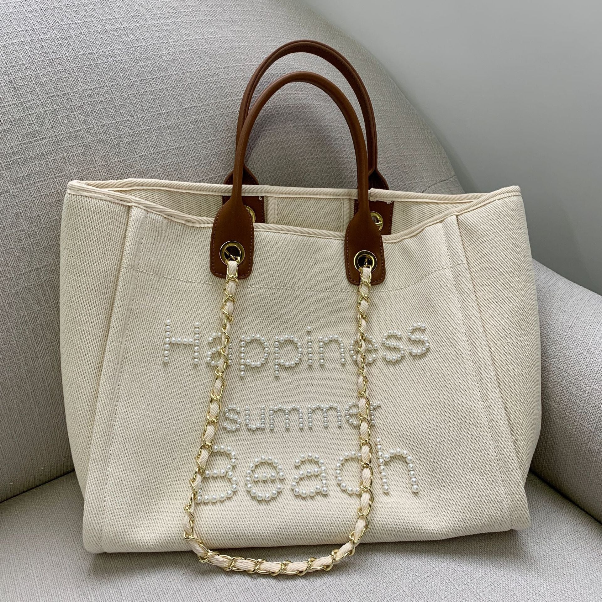 Canvas & Cowhide Pearl Beach Bag | ULZZANG BELLA
