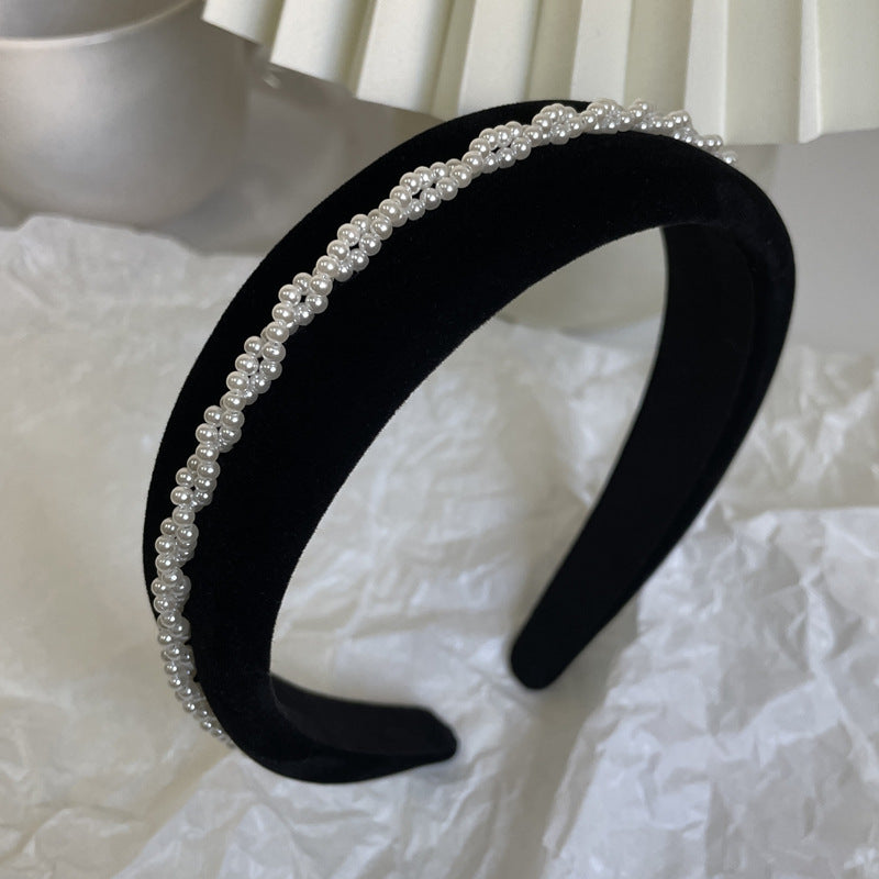High Quality French Retro Black Velvet Pearl Twist Braid Hairpin Headband Net Red New High-Skull Headband Hair Accessories
