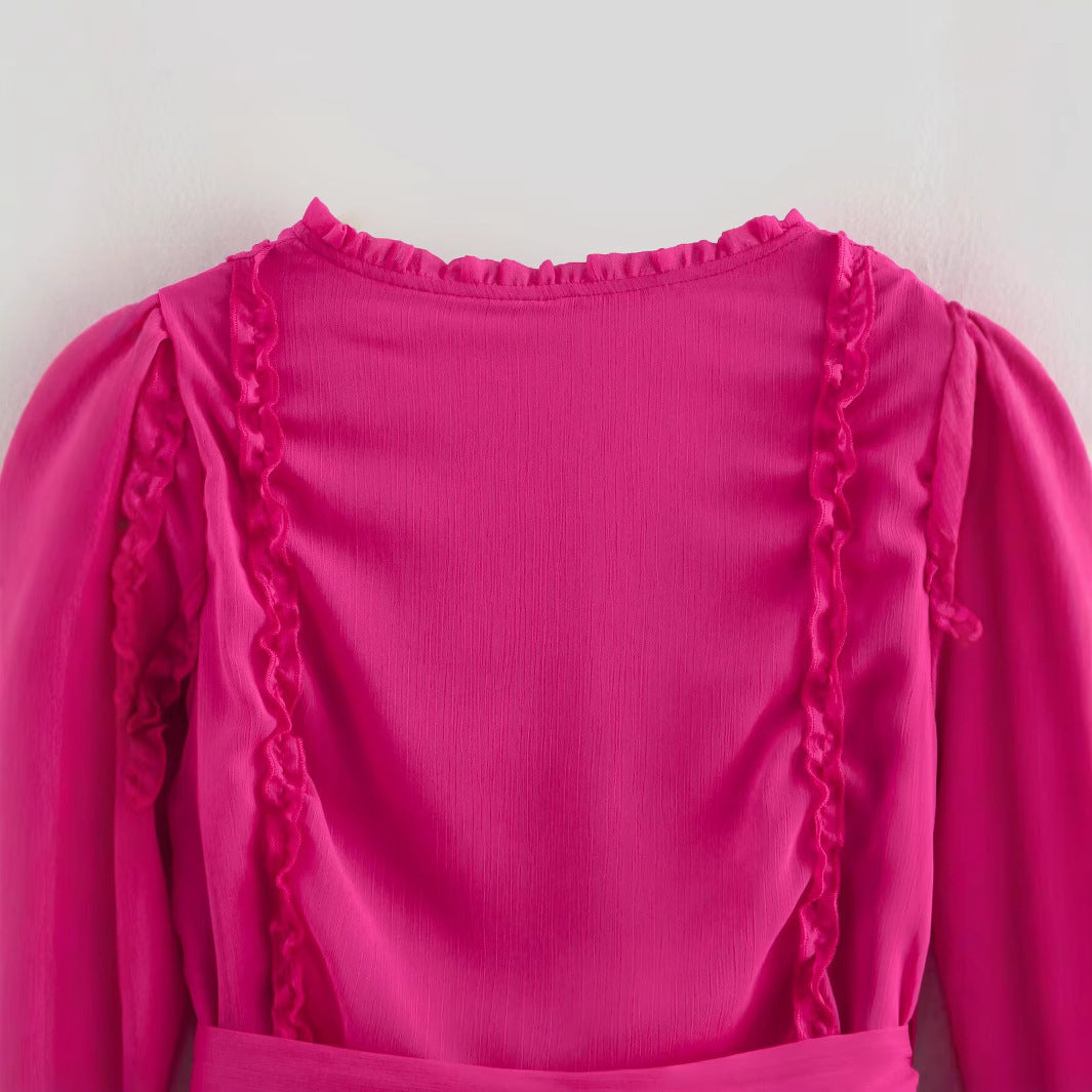 Vibrant Rose Red V-Neck Chiffon Ruffle Edge Dress with Belt | ULZZANG BELLA