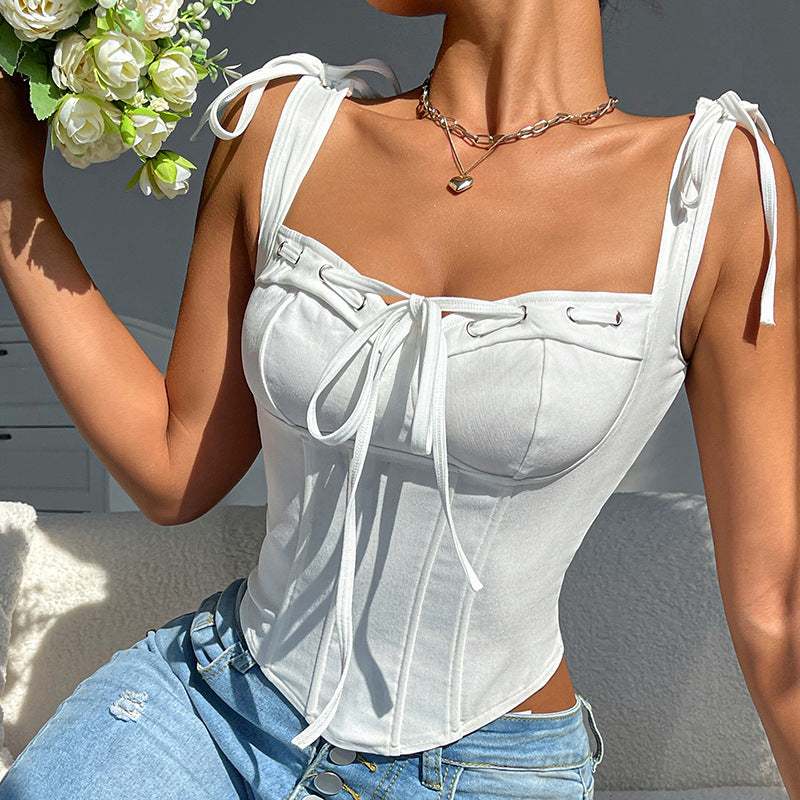 Elegant White Fishbone Bow Tie Tank Top | ULZZANG BELLA