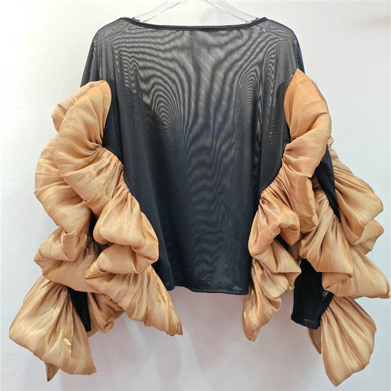 Ruffled Long Sleeve Mesh Top with Irregular Hem | ULZZANG BELLA
