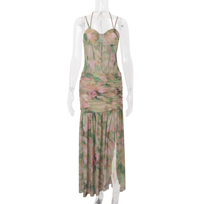 Exquisite Green Lotus Print Strapless High-Waist Dress | ULZZANG BELLA