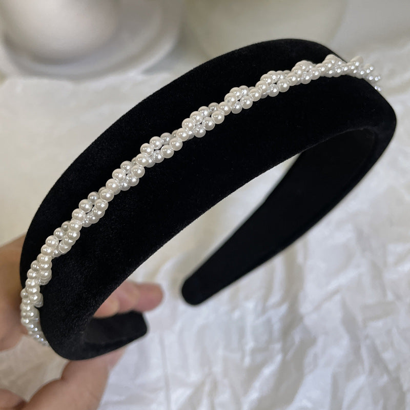 High Quality French Retro Black Velvet Pearl Twist Braid Hairpin Headband Net Red New High-Skull Headband Hair Accessories