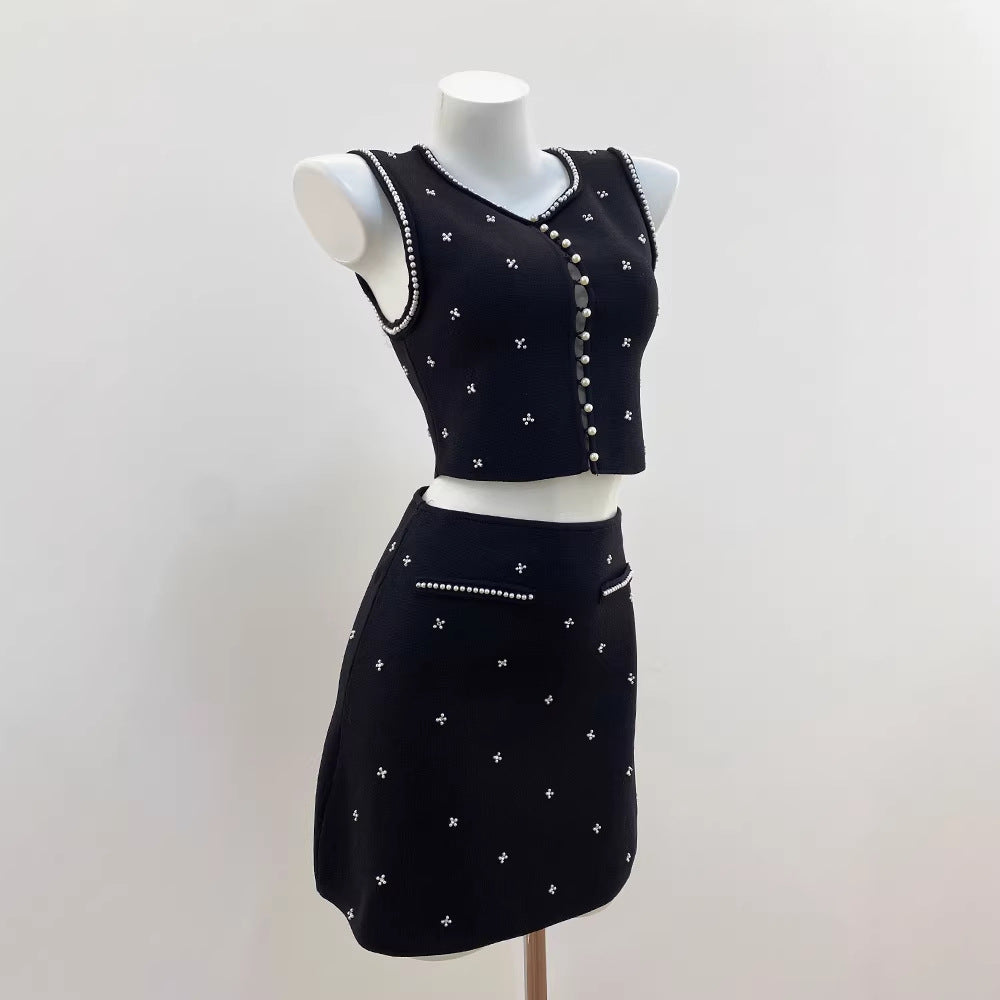 ULZZANG BELLA Luxurious Beaded Vest and Skirt Set, Elegance