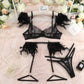 Feathered Temptation: Lace Splice Chain Sexy Slim 4-Piece Lingerie Set | ULZZANG BELLA