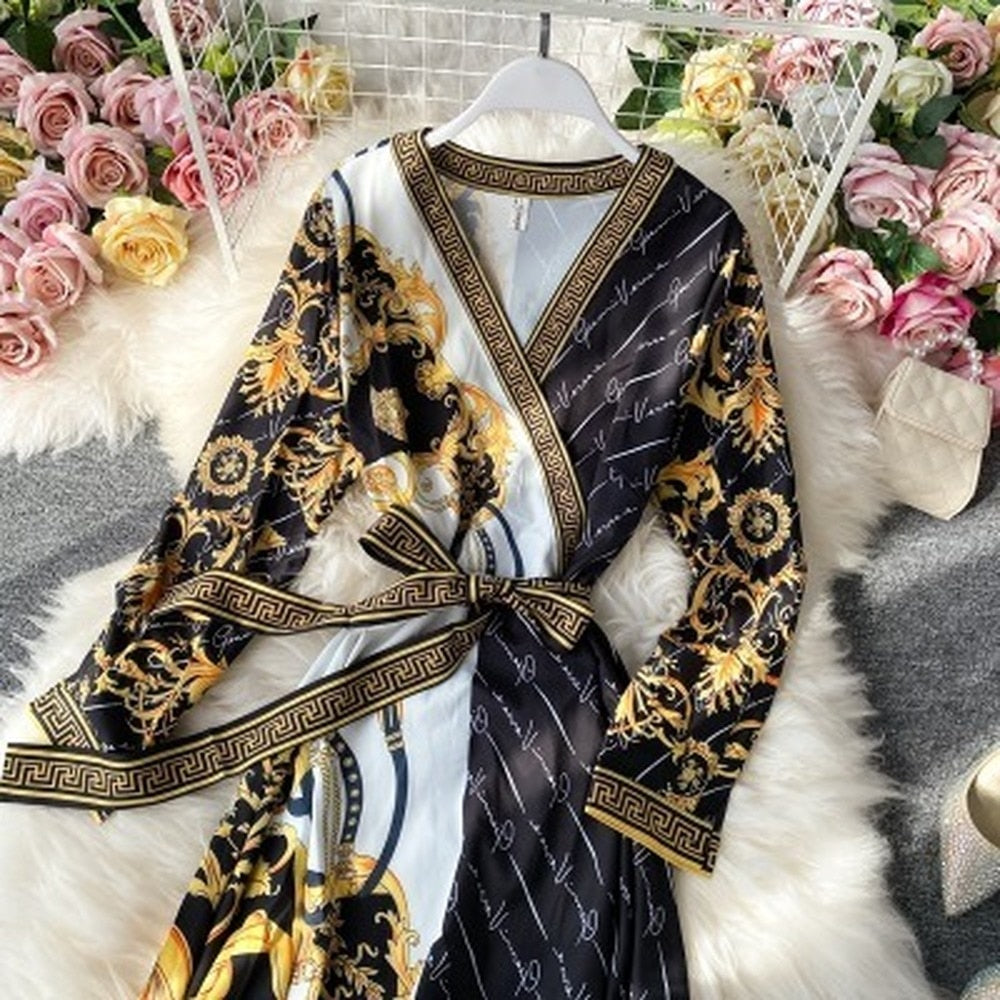 Elegant Retro French V-neck Chiffon A-Line Dress for Office Ladies | ULZZANG BELLA