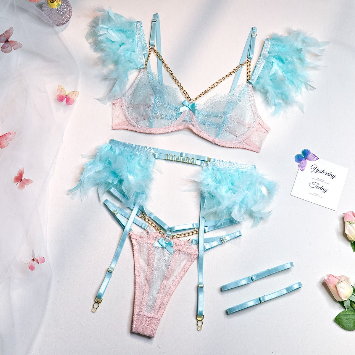 Feathered Temptation: Lace Splice Chain Sexy Slim 4-Piece Lingerie Set | ULZZANG BELLA