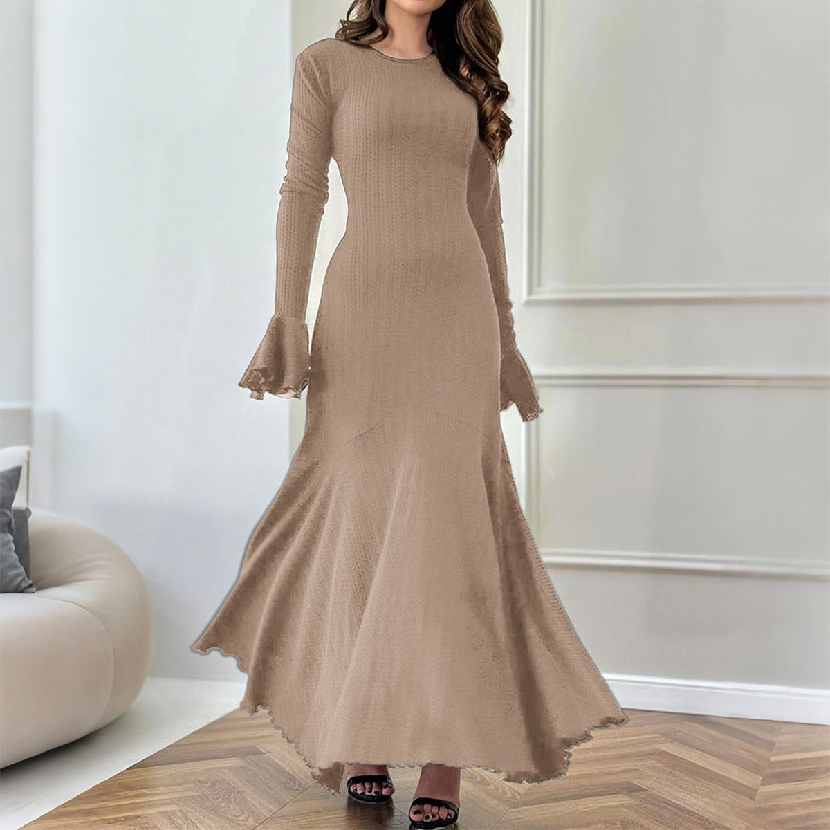 Exquisite Khaki Knitted Long Dress for the Elegant Woman | ULZZANG BELLA