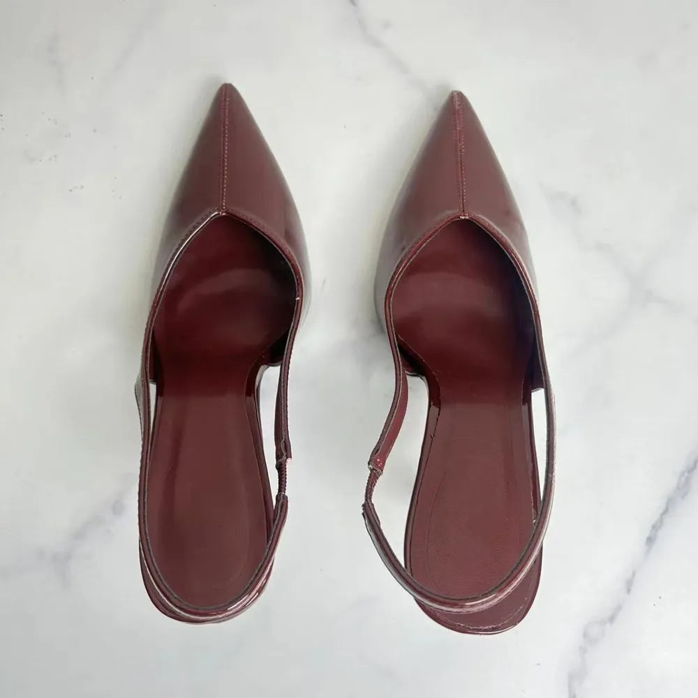 Luxe Slingback Point Toe Stiletto Pumps in Lacquer Leather | ULZZANG BELLA