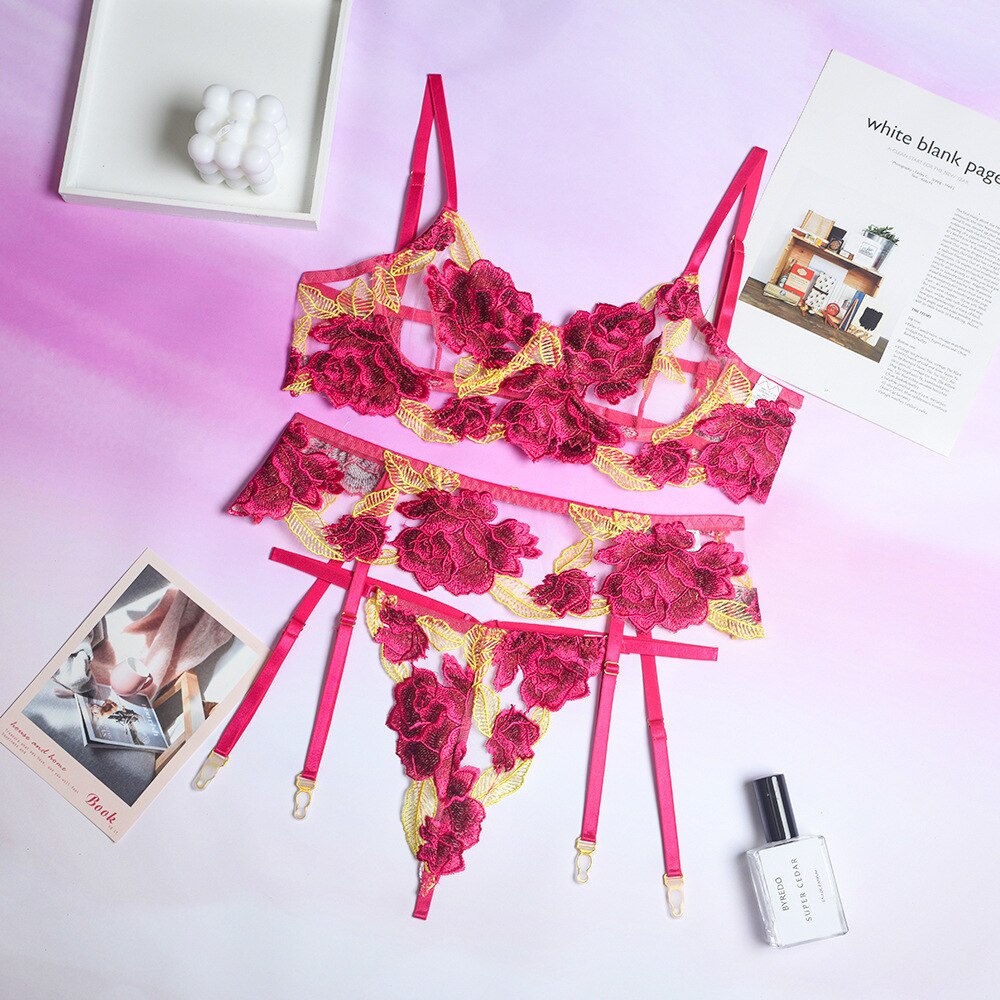 Sexy Floral Three-Piece Embroidered Lingerie Set for Women | ULZZANG BELLA