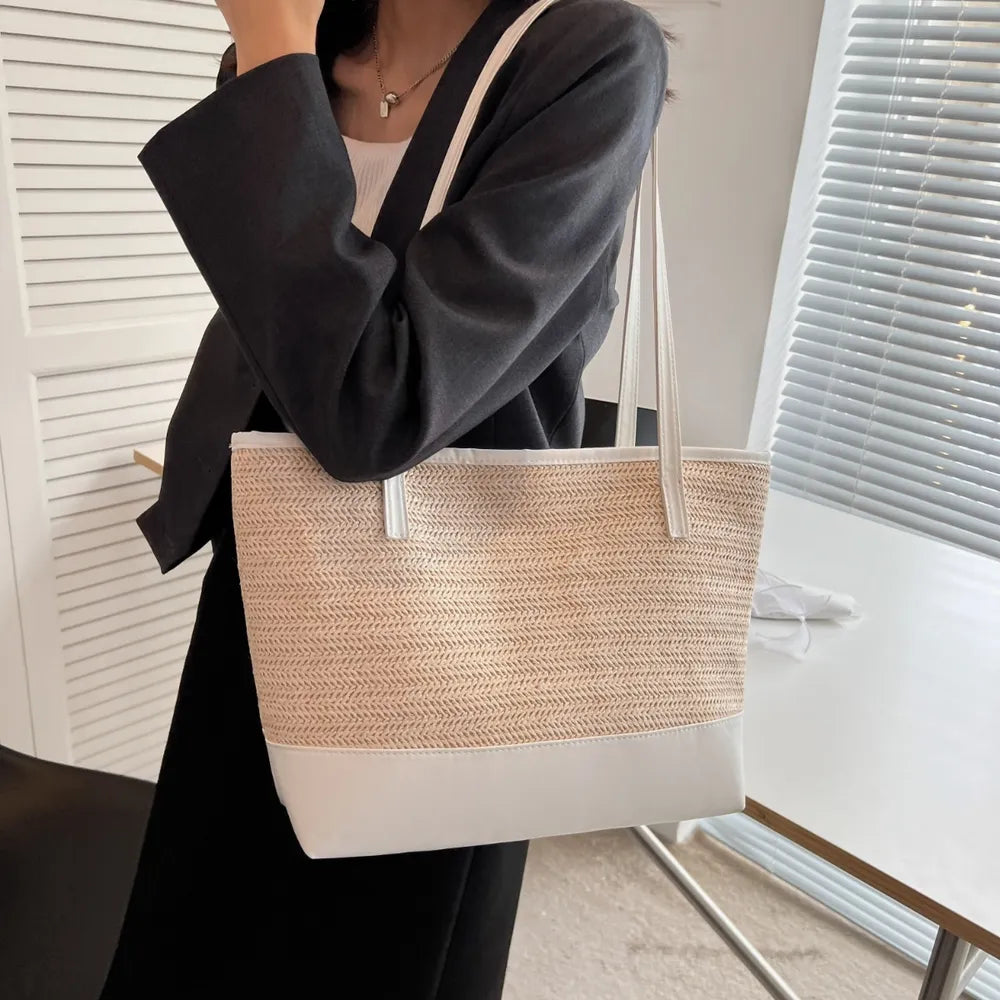 Elegant Straw Weave Leather Strap Tote Bag | ULZZANG BELLA