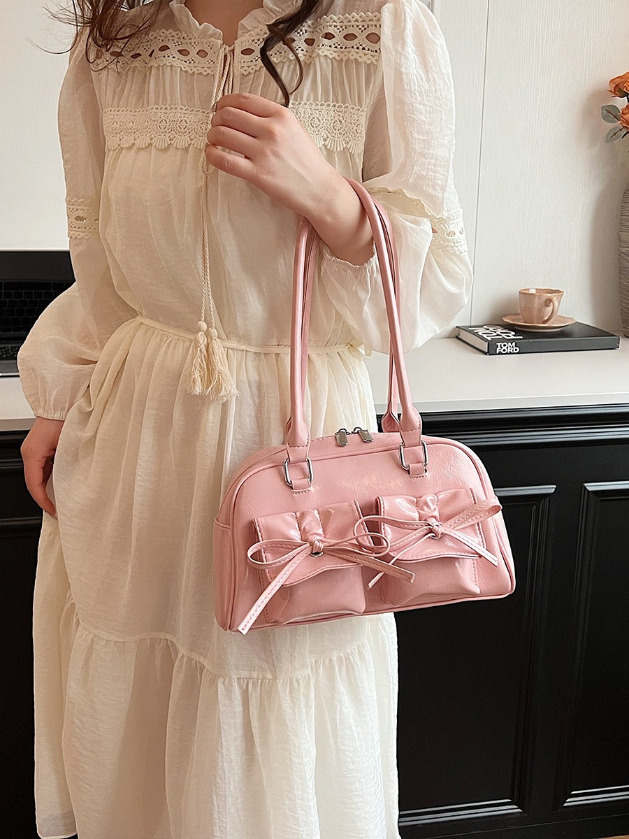Elegant Baguette Shoulder Bag with Bow Accent | ULZZANG BELLA