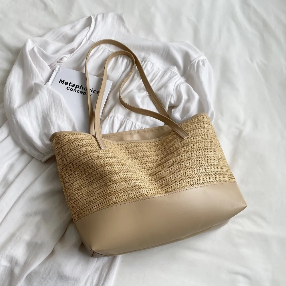 Elegant Straw Weave Leather Strap Tote Bag | ULZZANG BELLA