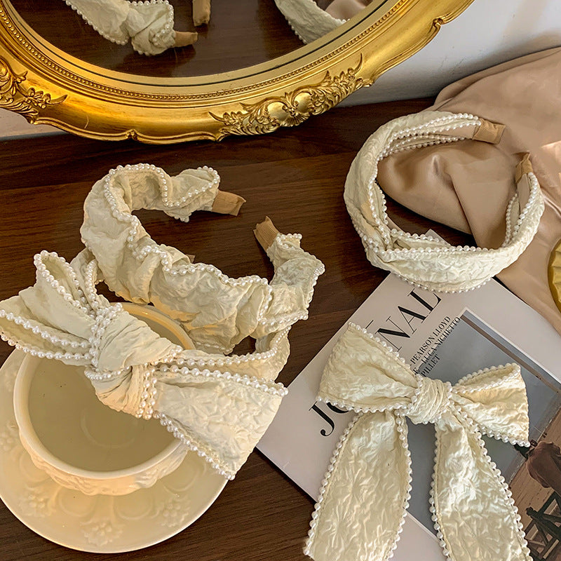 New French Style Milk White Face Wash Headband Female All-Match Headband Hair Bundle Headdress Pearl Big Bow