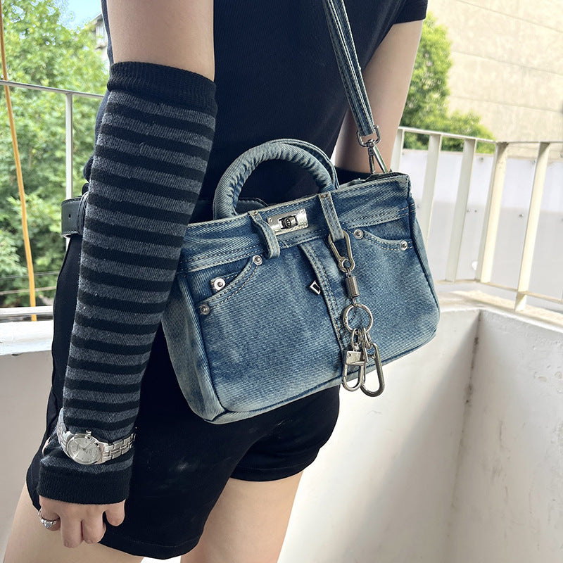 Vintage Denim Elegance Small Square Handbag | ULZZANG BELLA