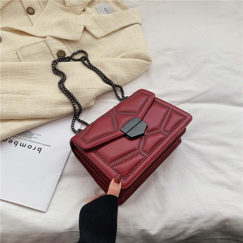 Rivet Chain Designer PU Leather Crossbody Bag | ULZZANG BELLA