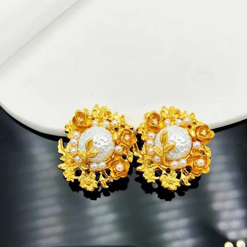 French Vintage Gold Plated Flower Pearl Stud Earrings | ULZZANG BELLA