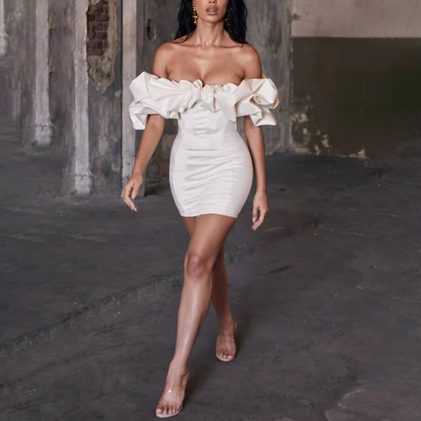 Elegant European Ruffled One-Shoulder Dress for Women | ULZZANG BELLA