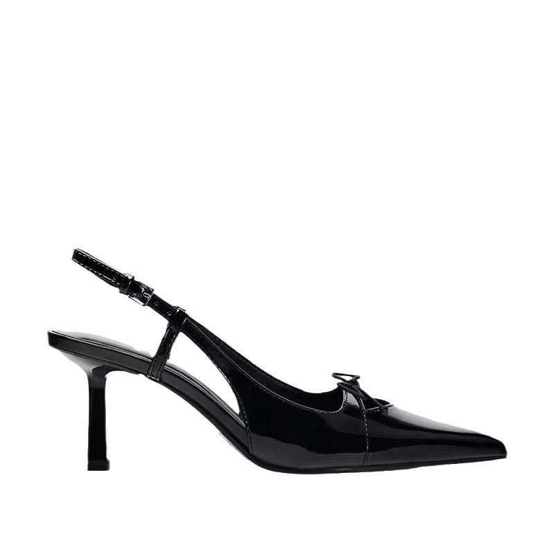 Elegant Black Patent Leather Bow Sandals with Shallow Strap | ULZZANG BELLA