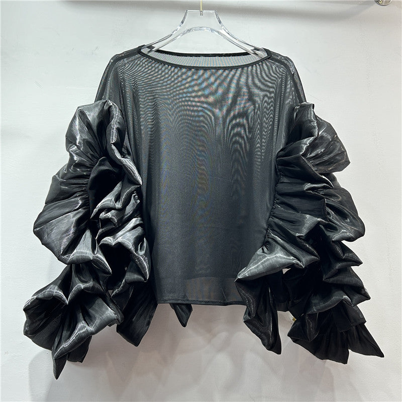 Ruffled Long Sleeve Mesh Top with Irregular Hem | ULZZANG BELLA
