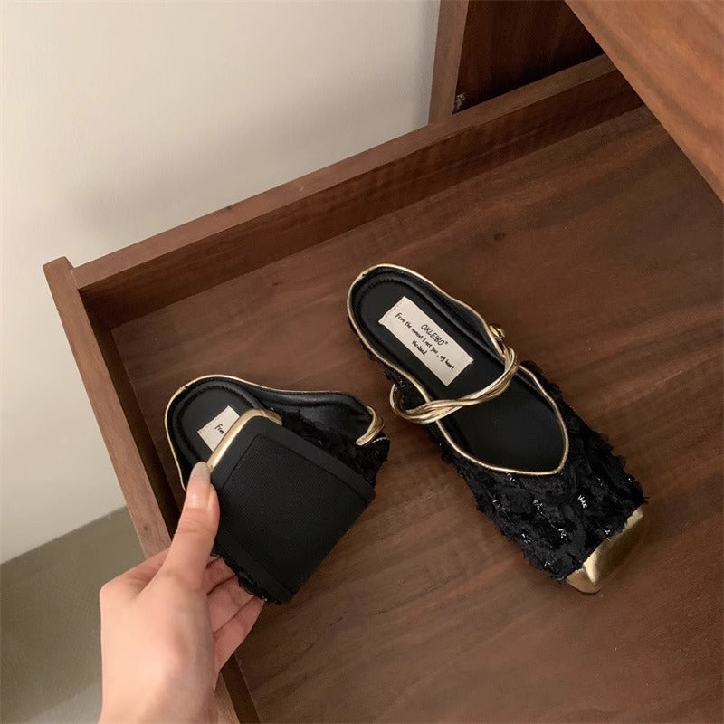 Indulge in Elegance: Retro Chinese Style Suede Half Slippers with Velcro Closure | ULZZANG BELLA