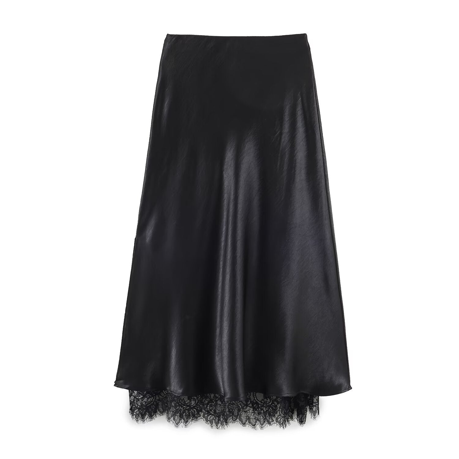 Satin Acetate Lace Patchwork Mid-Length Split Skirt | ULZZANG BELLA