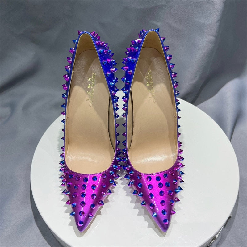 Chic Riveted Holographic Leather High Heels with Studs for Women | ULZZANG BELLA
