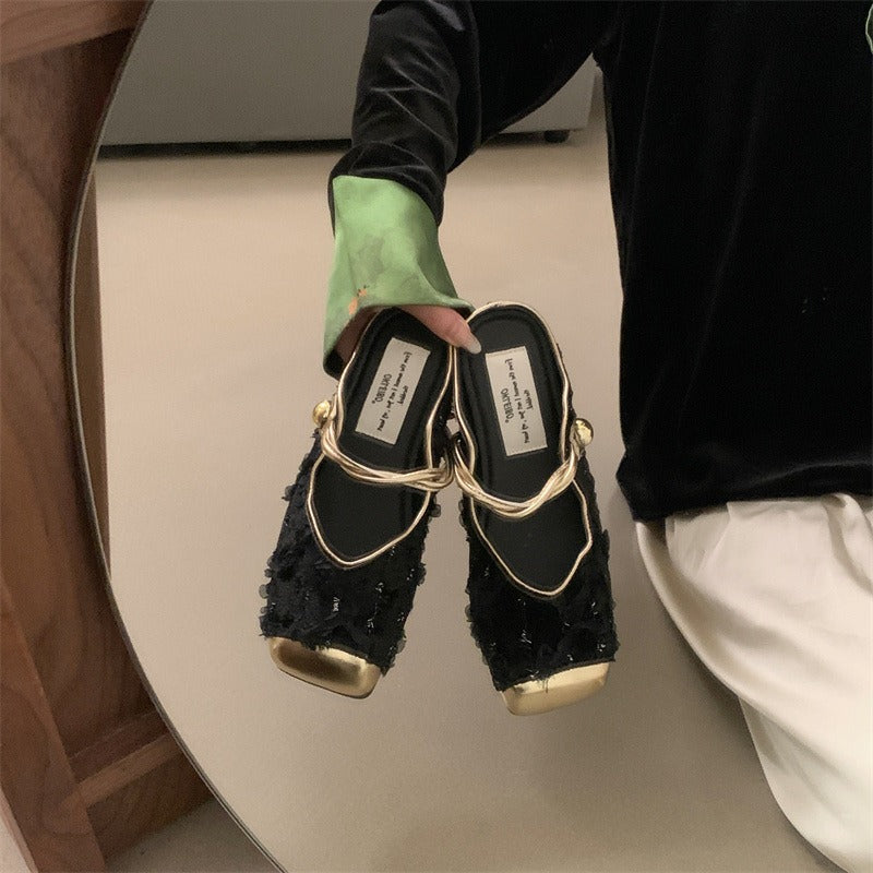 Indulge in Elegance: Retro Chinese Style Suede Half Slippers with Velcro Closure | ULZZANG BELLA