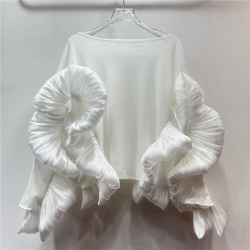 Ruffled Long Sleeve Mesh Top with Irregular Hem | ULZZANG BELLA