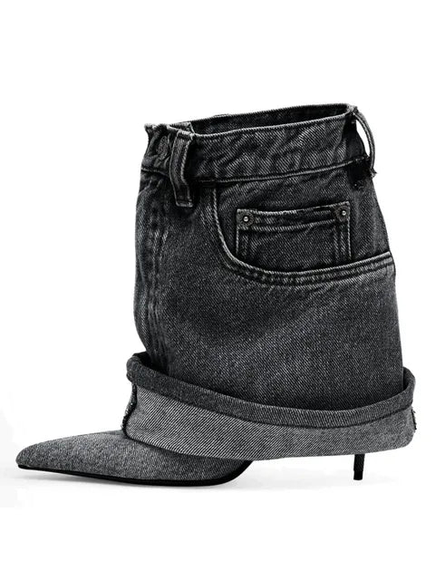 Elegant Pointed Toe High Heel Denim Cowboy Boots | ULZZANG BELLA