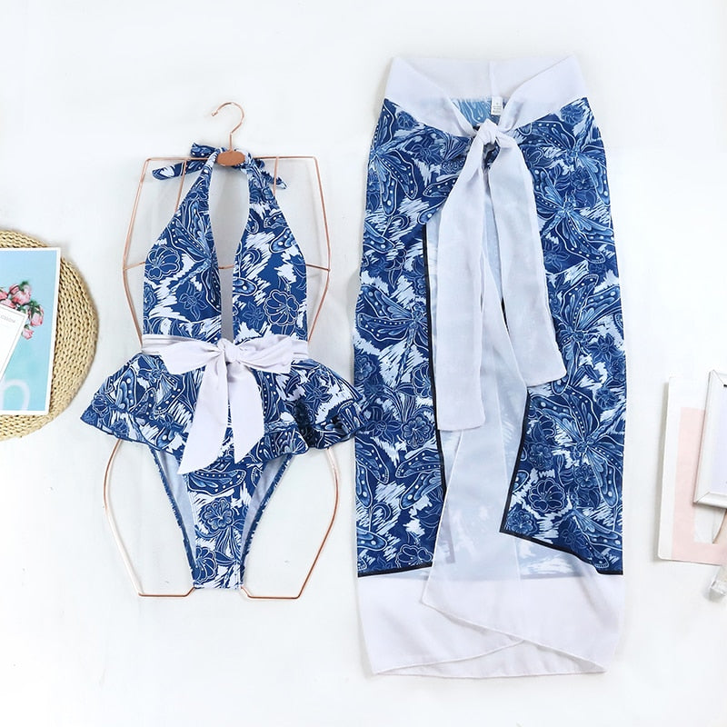 Luxury Backless Deep V One-Piece Swimsuit with Skirt Cover-Up | ULZZANG BELLA