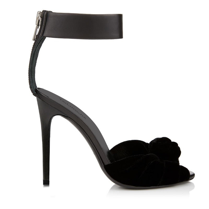 Exquisite Red and Black Velvet High Heel Sandals with Elegant Ankle Strap | ULZZANG BELLA
