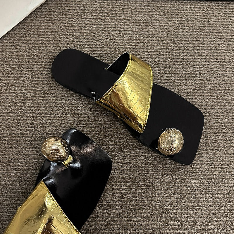 Elegant Cowhide Toe Square Flip Flops | ULZZANG BELLA