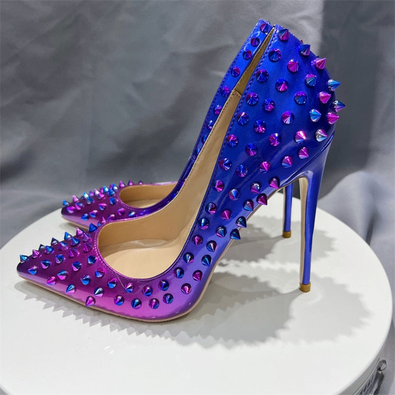 Chic Riveted Holographic Leather High Heels with Studs for Women | ULZZANG BELLA