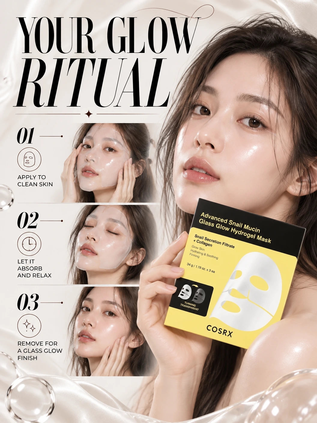 Advanced Snail Mucin Glass Glow Hydrogel Mask 3ea | COSRX | COSRX Snail Mucin Glass Glow Hydrogel Mask 3ea