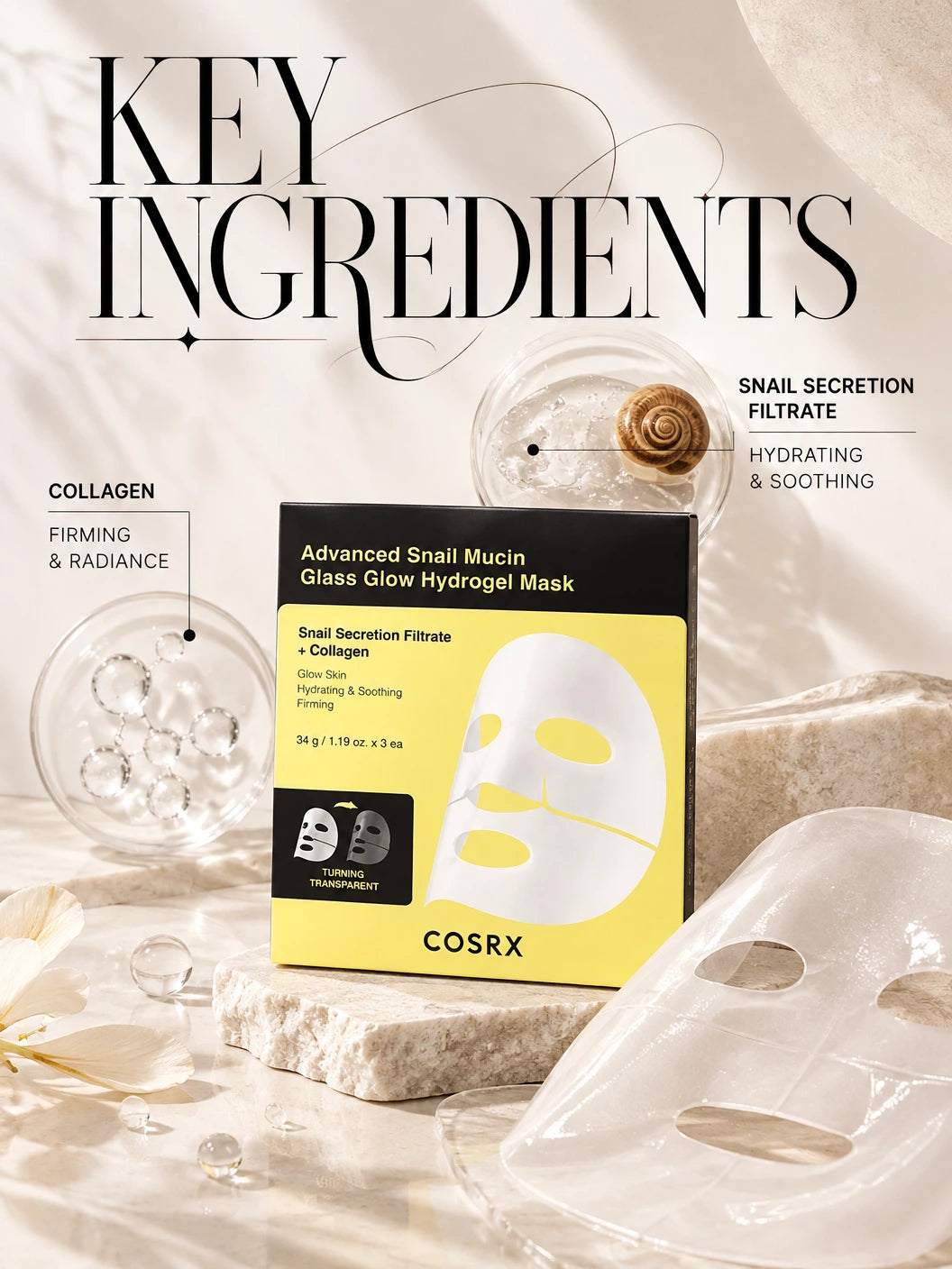 Advanced Snail Mucin Glass Glow Hydrogel Mask 3ea | COSRX | COSRX Snail Mucin Glass Glow Hydrogel Mask 3ea