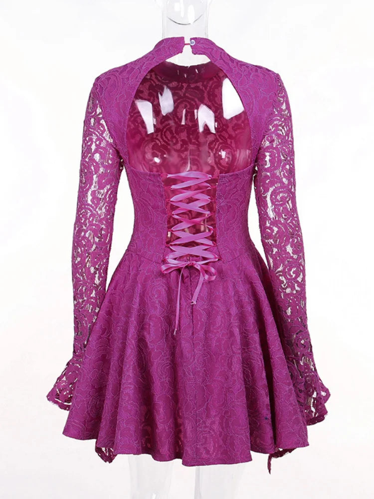 Elegant Purple Lace A-Line Backless Dress for Women | ULZZANG BELLA