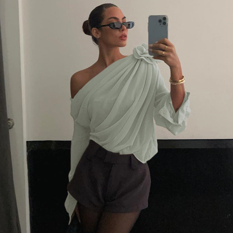 Elevate Your Style with Chic Slant Shoulder Chiffon T-Shirt | ULZZANG BELLA