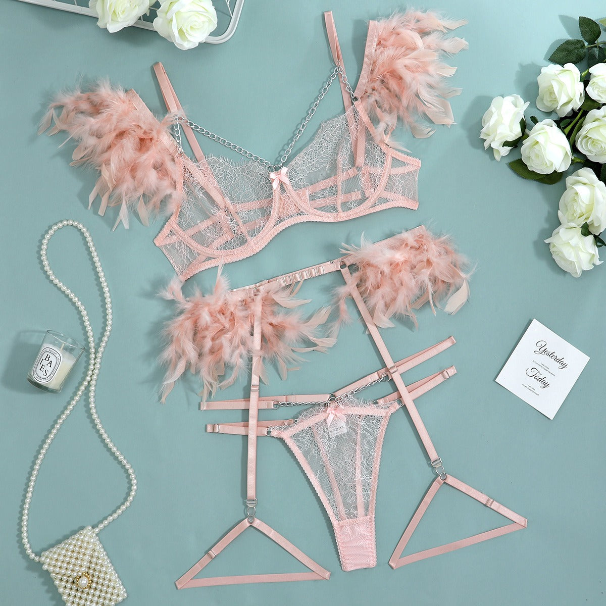 Feathered Temptation: Lace Splice Chain Sexy Slim 4-Piece Lingerie Set | ULZZANG BELLA